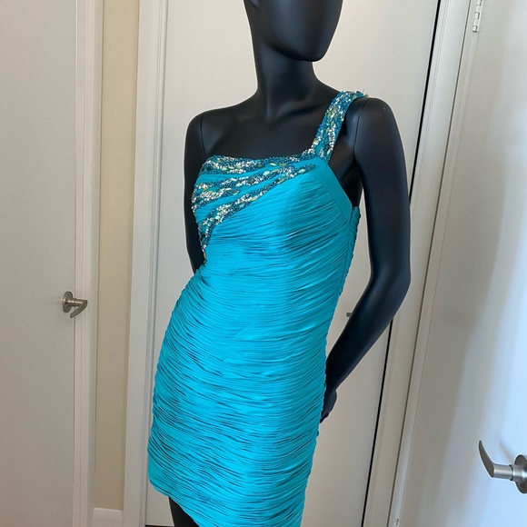 One-shoulder Turquoise short dress - Picture 5 of 7